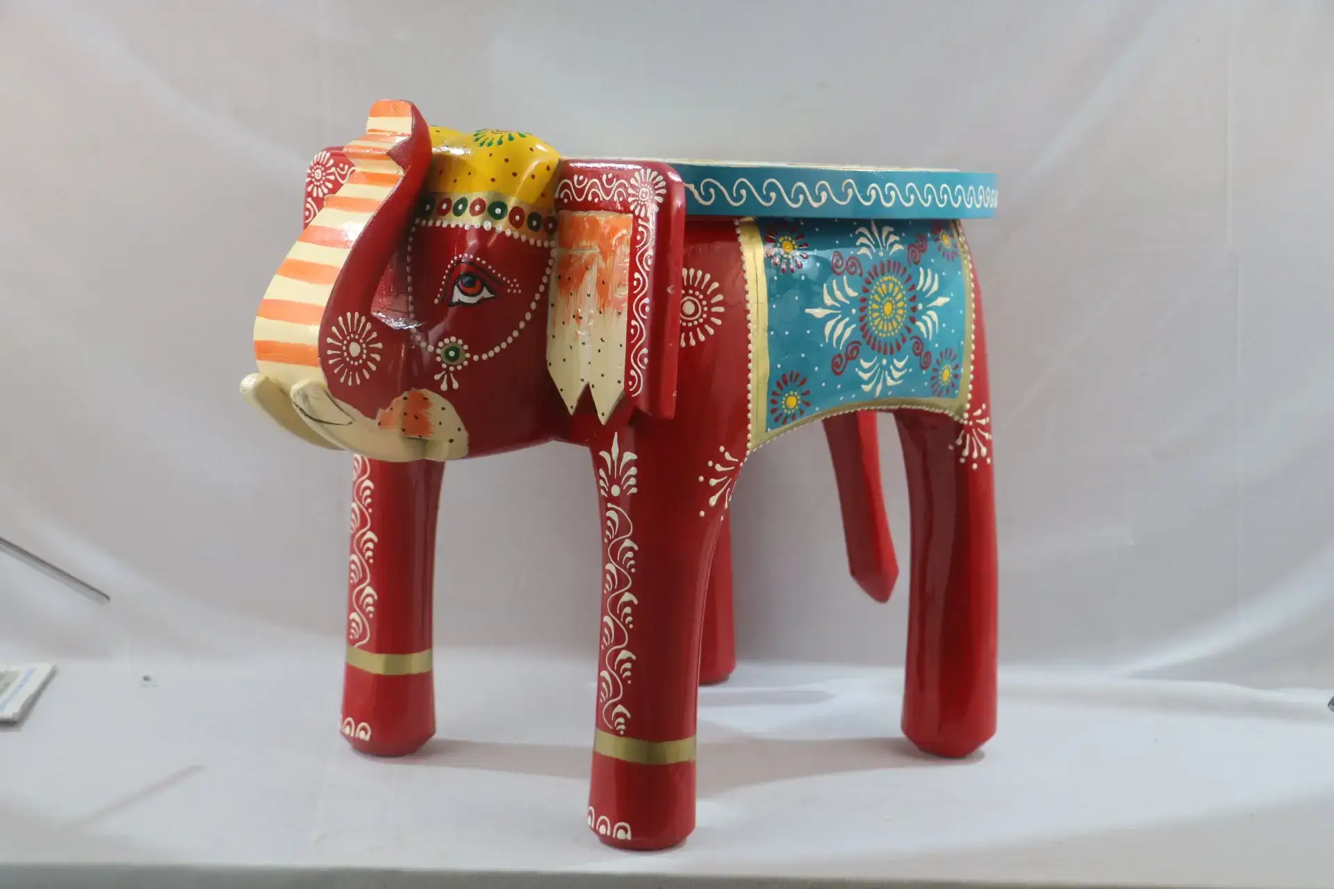 Wooden Hand-Painted Elephant Stool – Decorative Accent Furniture - Image 3