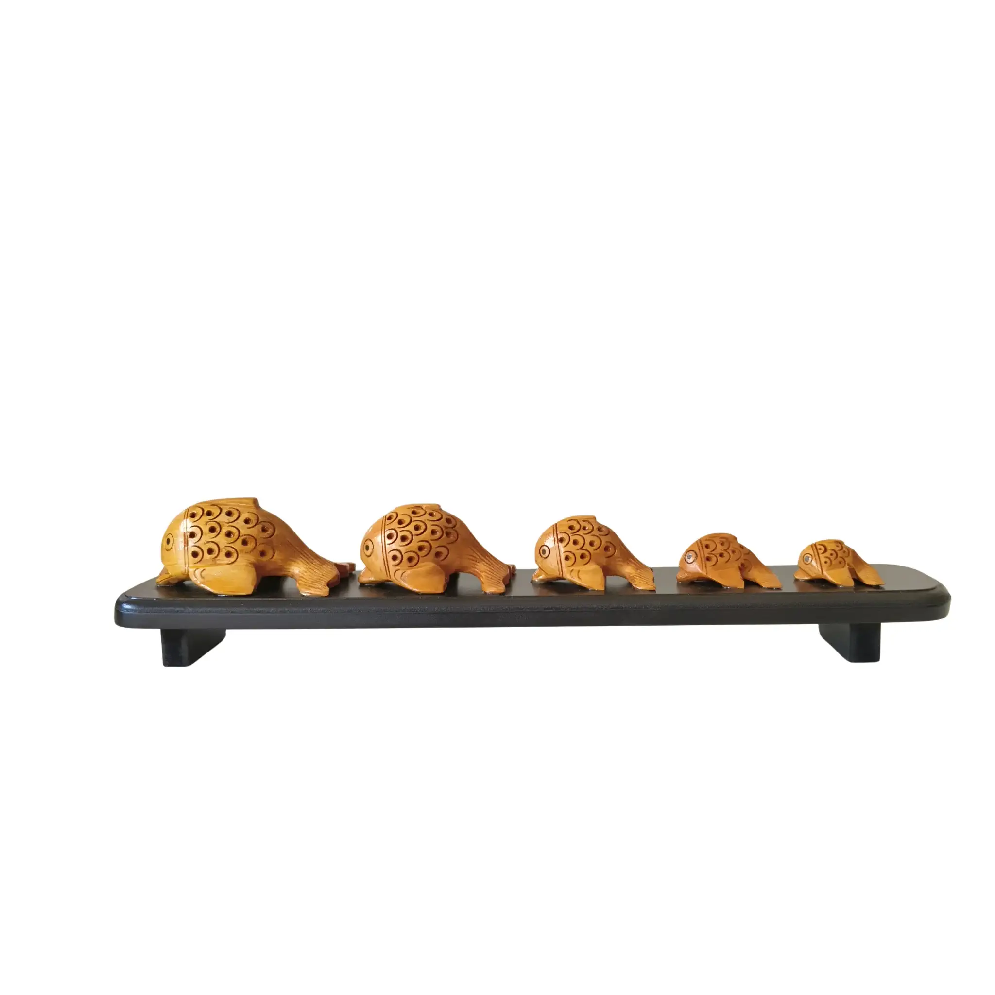 Graduated Set of Five Hand-Carved Wooden Fish Figures on Display Stand - Image 2