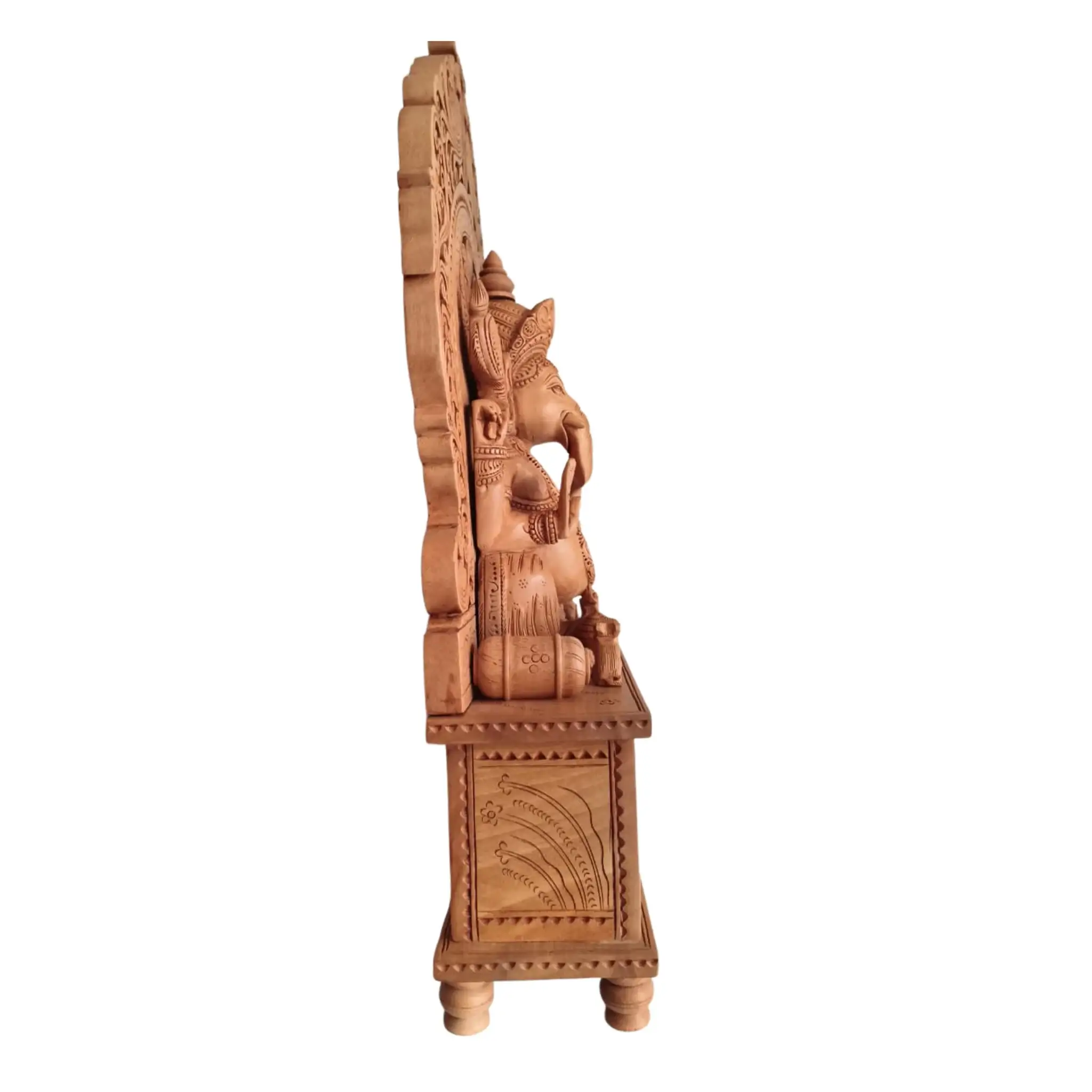 Grand Hand-Carved Wooden Ganesha Sculpture on Pedestal with Prabhavali and Mushaks - Image 6