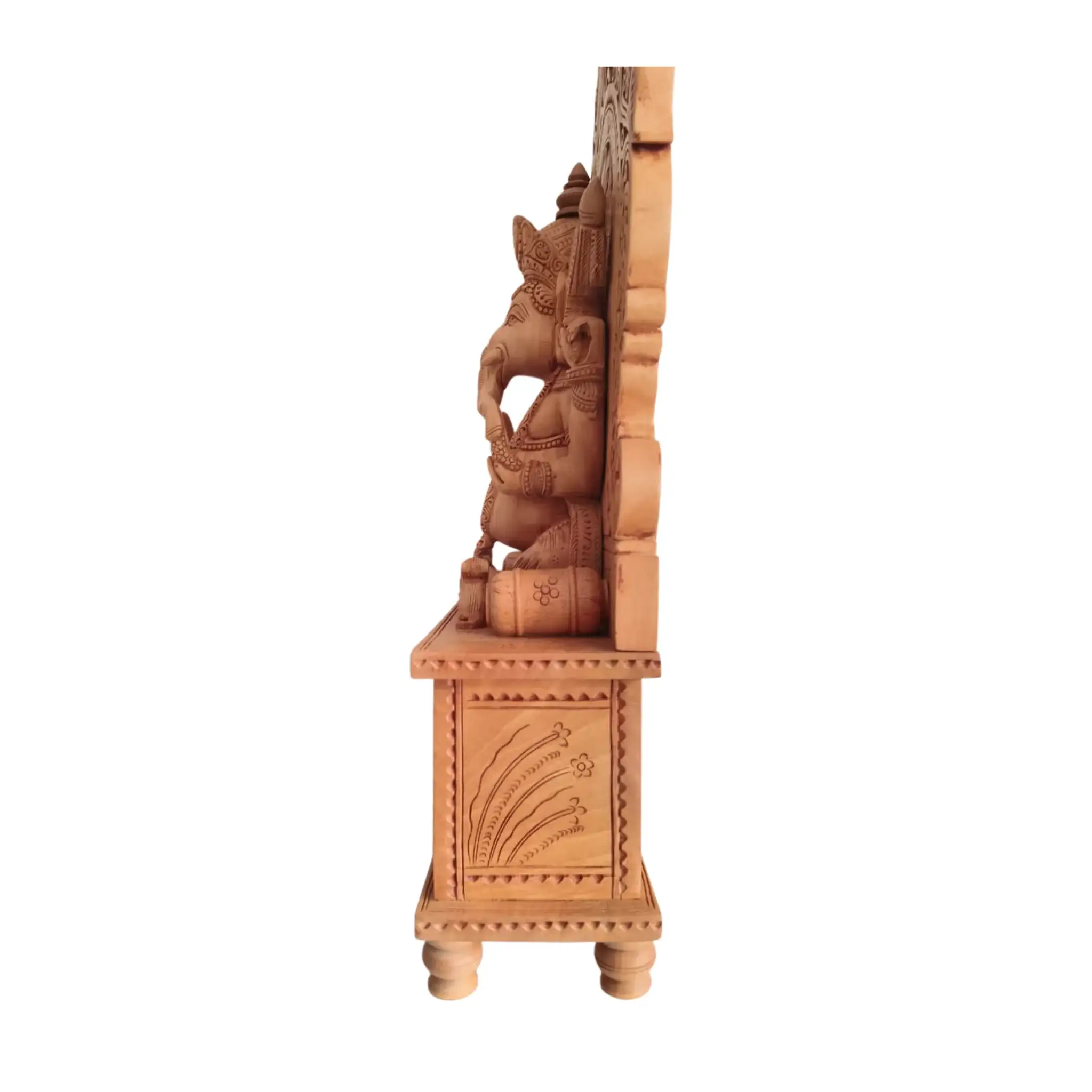 Grand Hand-Carved Wooden Ganesha Sculpture on Pedestal with Prabhavali and Mushaks - Image 7
