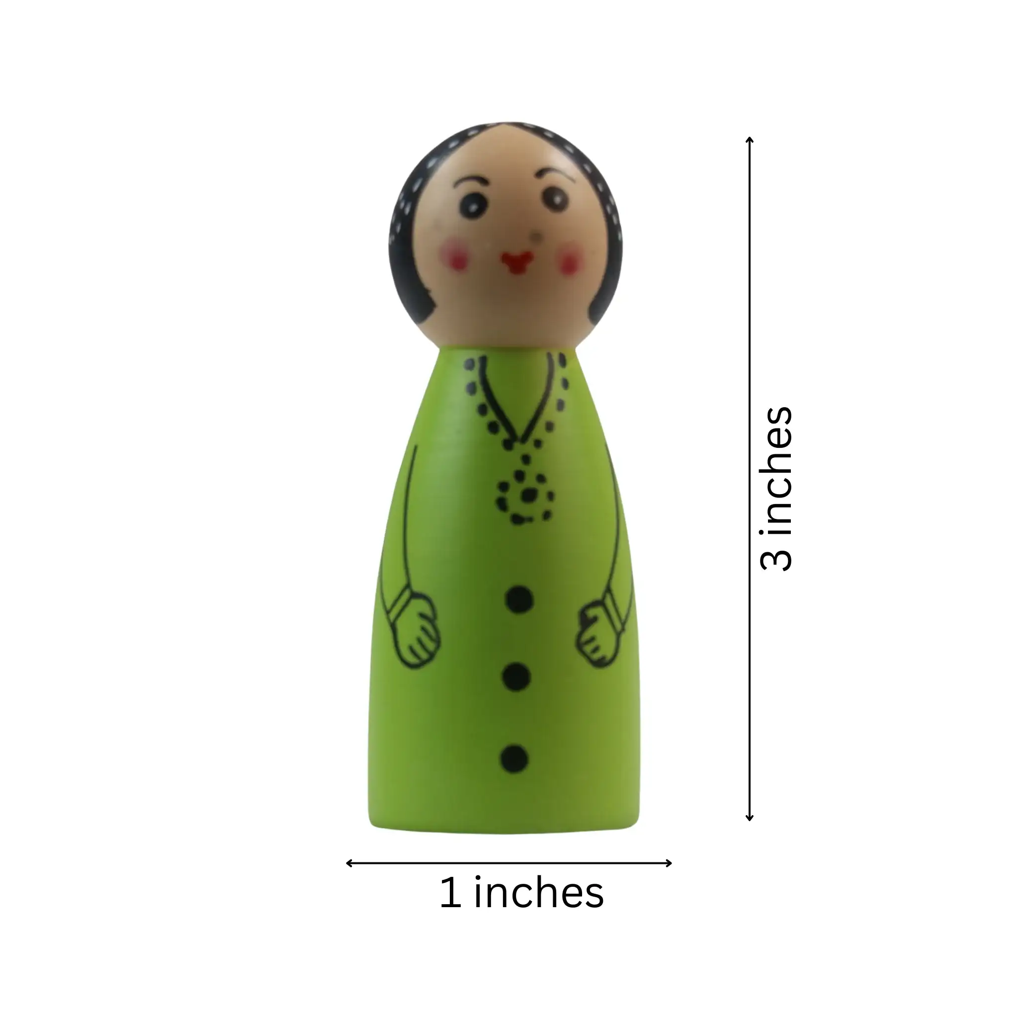 Wooden Girl Peg Doll – Green Dress with Pink Dots - Image 6