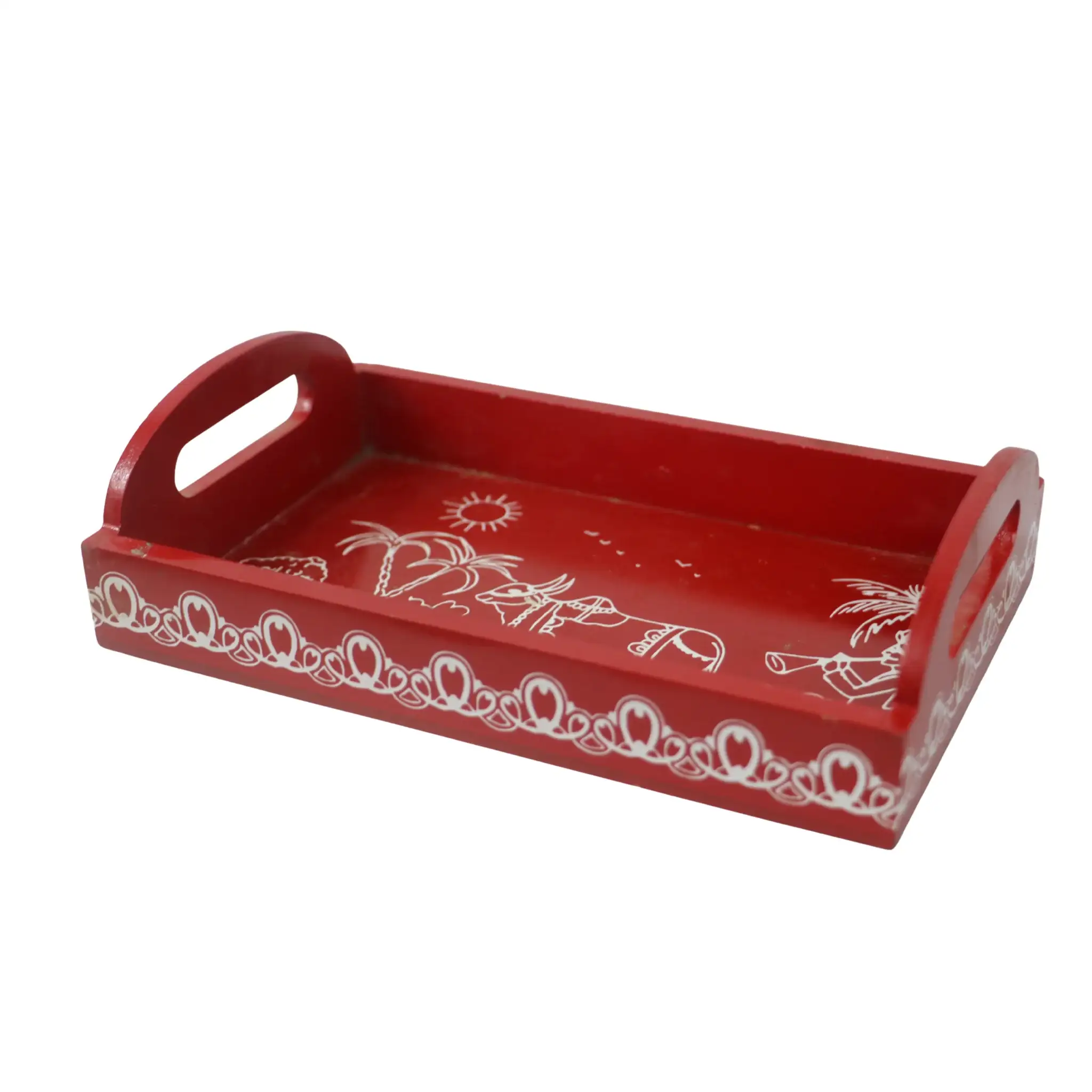 Hand-Painted Wooden Cow Printed Tray – Red Decorative Serving Tray - Image 5