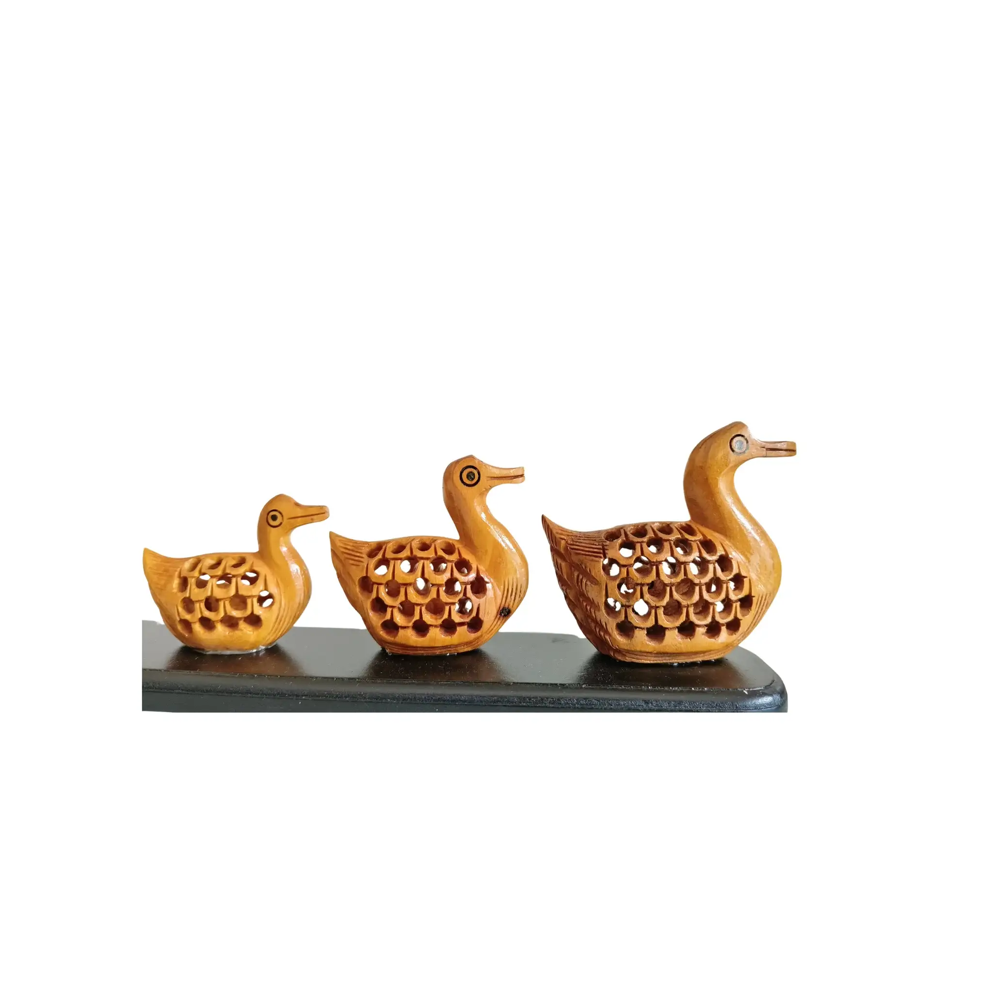 Charming Wooden Jali Work Duck Family Sculpture on Display Base - Image 4