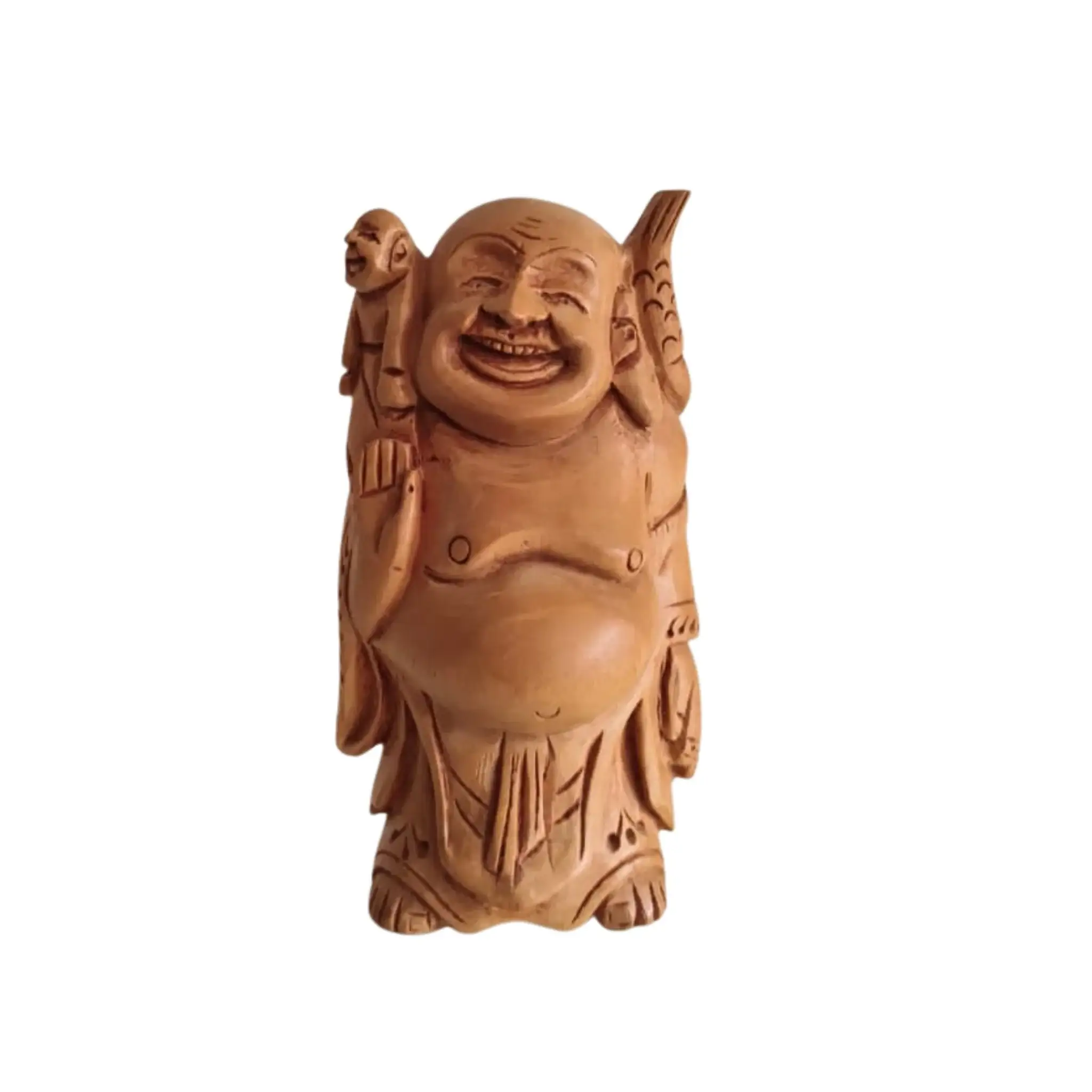 Hand-Carved Wooden Laughing Buddha with Child and Fish - Image 2