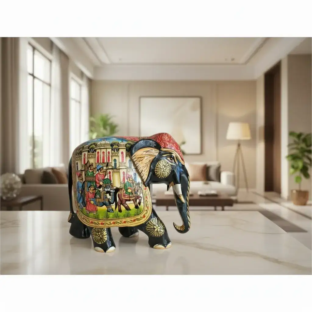 Black Painted Wooden Mughal Elephants – Elegant Decorative Figurines - Image 2