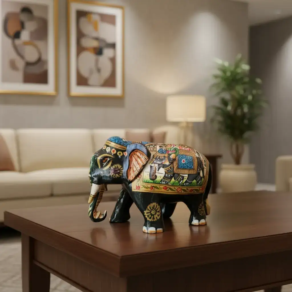 Black Painted Wooden Mughal Elephants – Elegant Decorative Figurines - Image 44