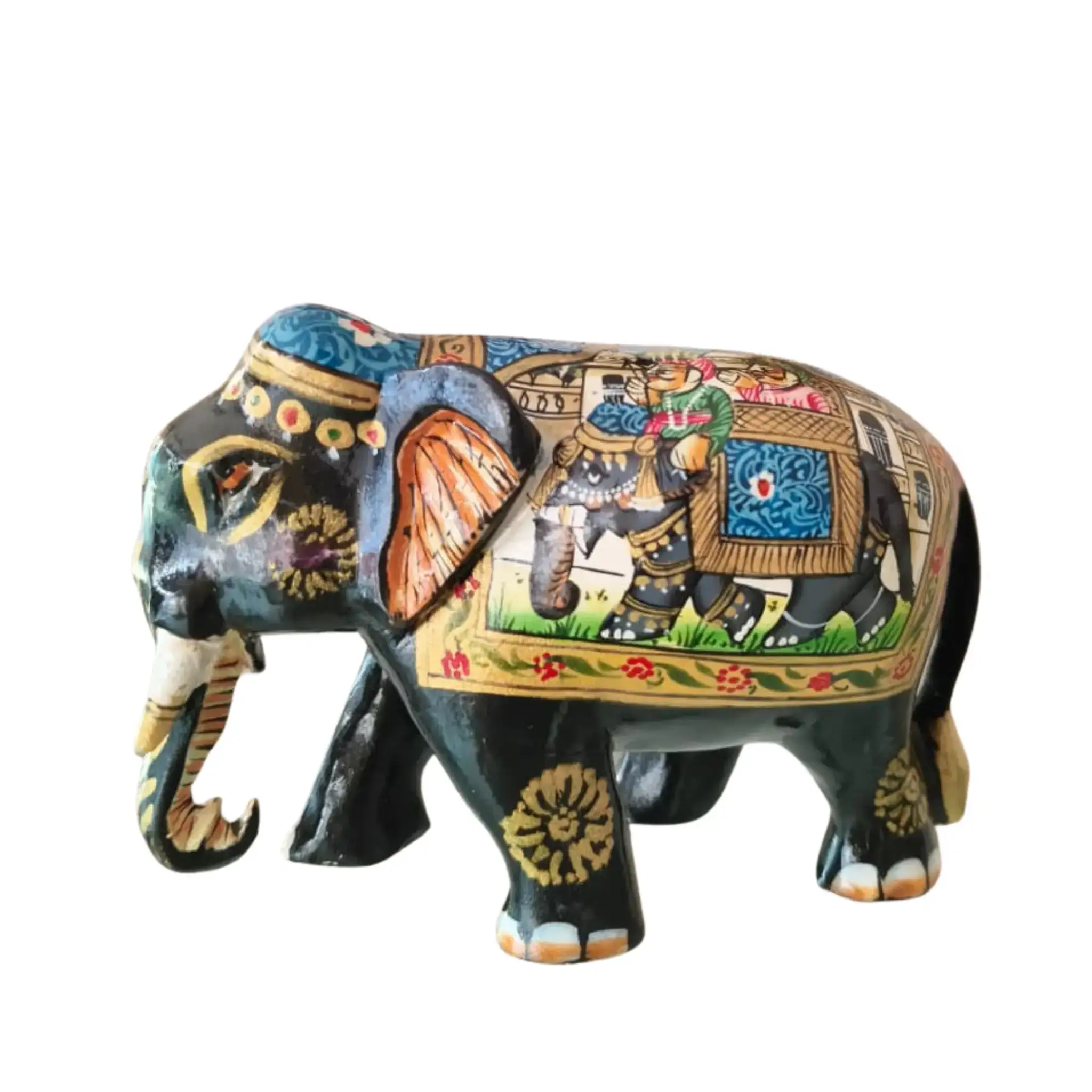 Black Painted Wooden Mughal Elephants – Elegant Decorative Figurines - Image 46