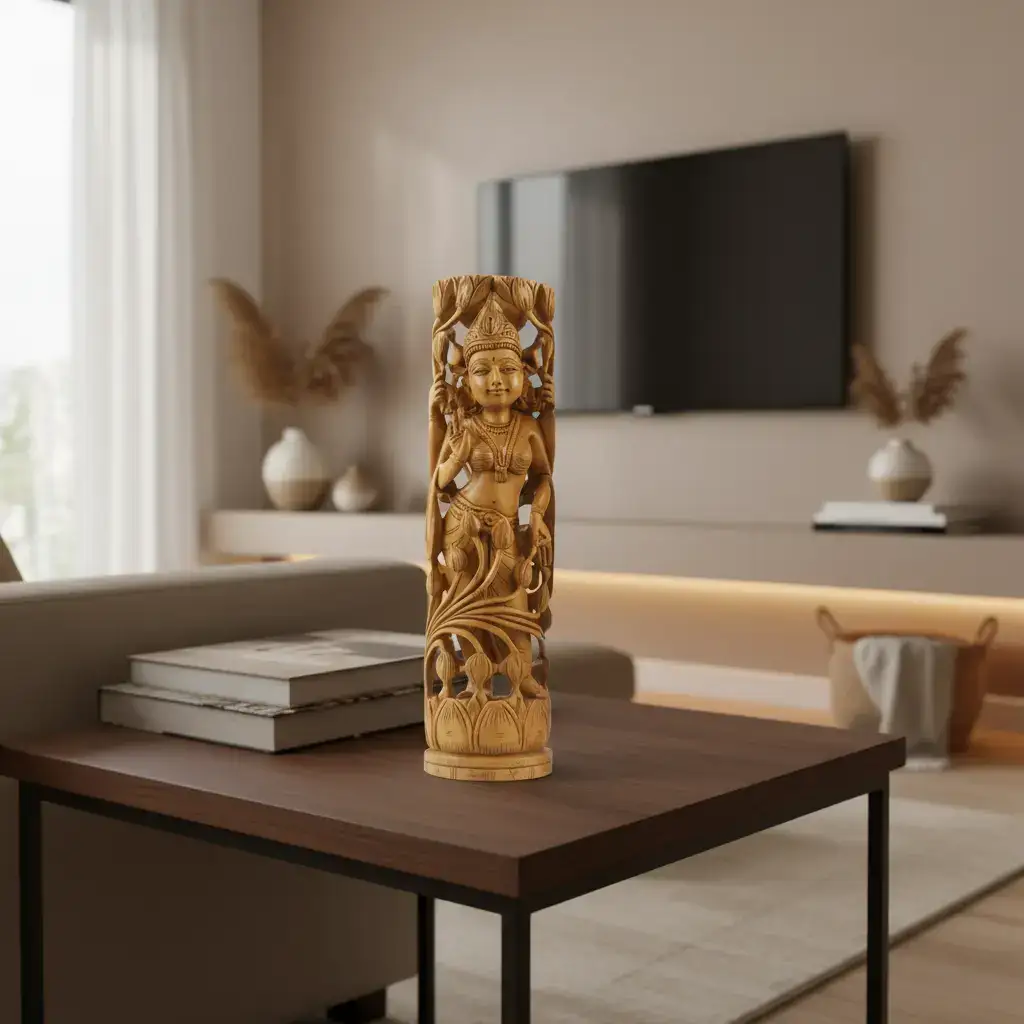 Hand-Carved Wooden Goddess Parvathi Statue – Standing on Lotus - Image 5