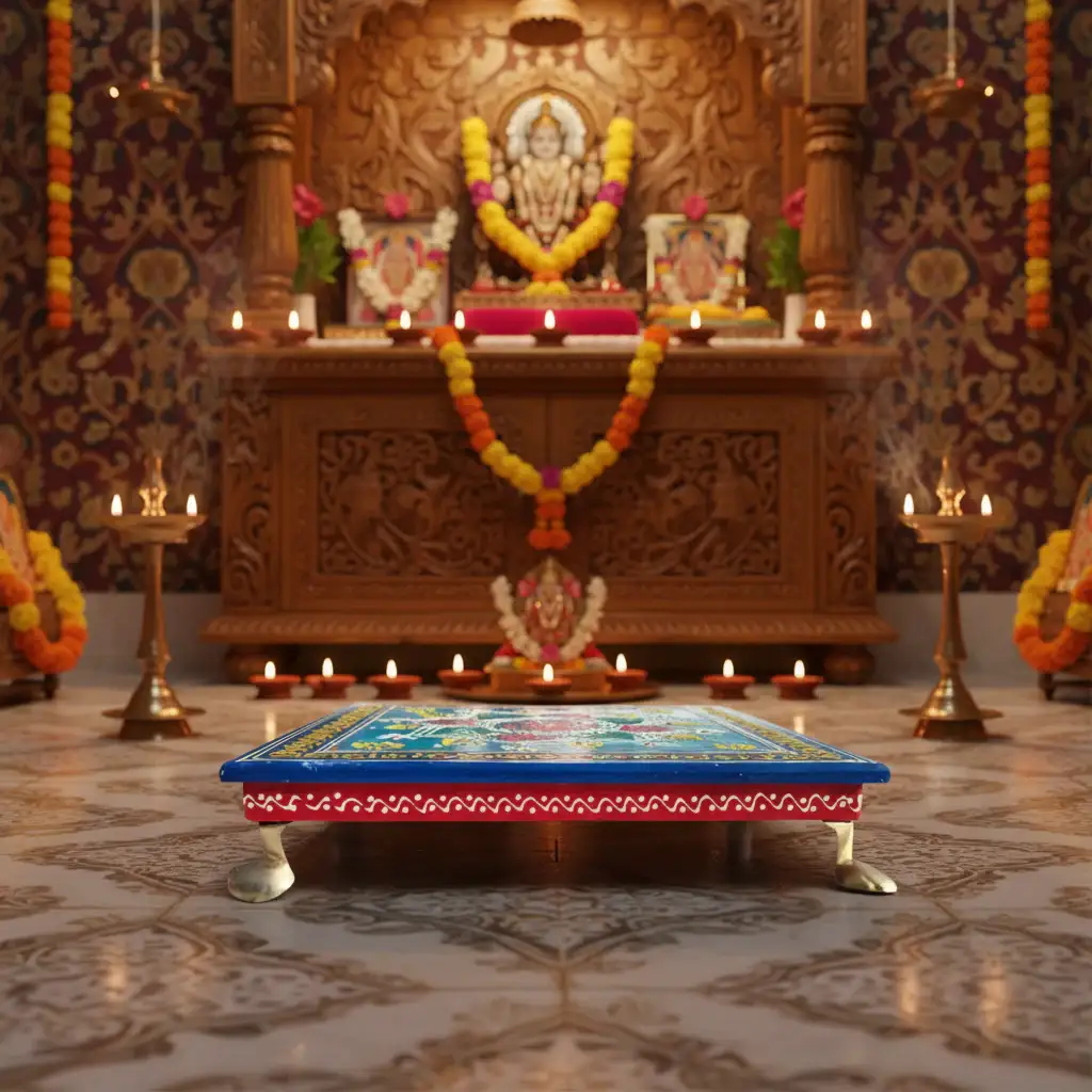 Hand-Painted Wooden Stool For Pooja (Chowki) with Traditional Design - Image 16