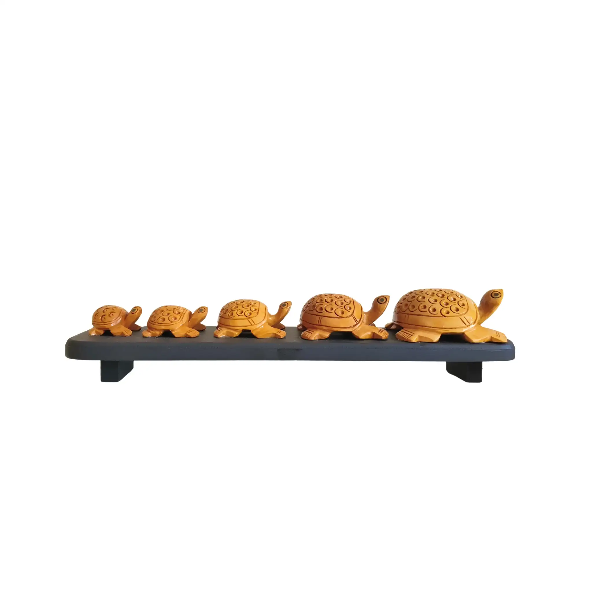 Hand-Carved Wooden Turtle Family Sculpture on Display Base - Image 4