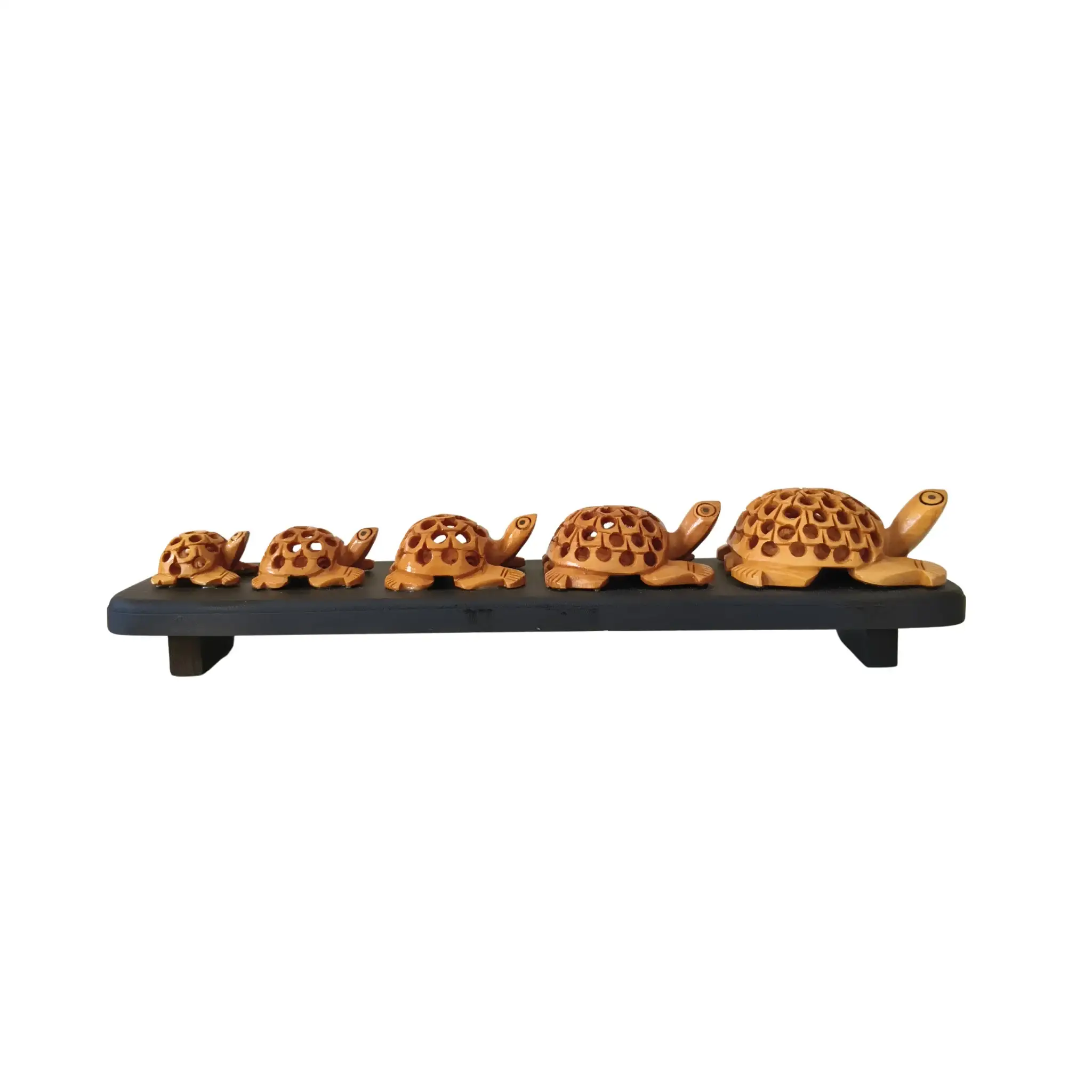 Set of Six hand-carved wooden turtles /Tortoise Family on Display Base - Image 2
